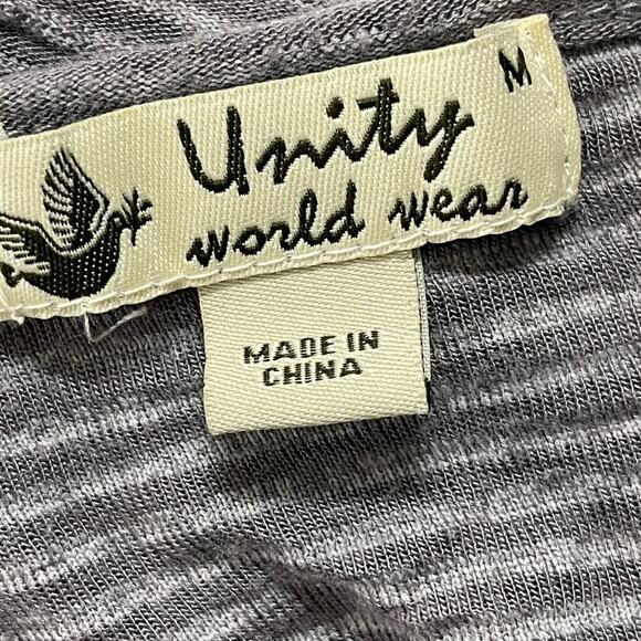 Unity World Wear Boho Tunic Top Women Size M Gray Striped Lace Up Short Sleeves - Picture 5 of 8